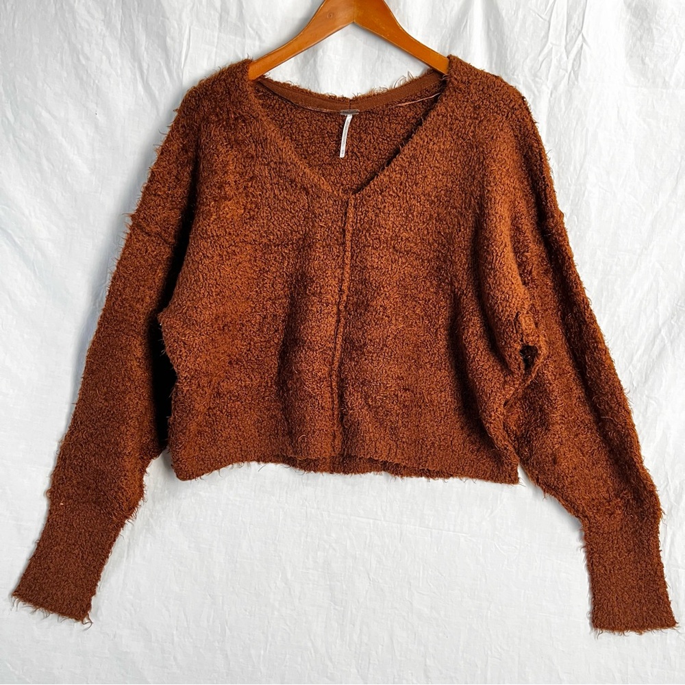 Free People Icing V Pullover Sweater in Mocha Java Rust Womens XS  Oversized Top